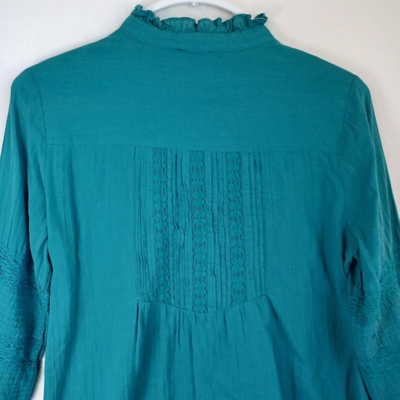 Sundance Teal Blue Cotton Pintuck Lace Ruffle Neck Blouse Small - Picture 7 of 10